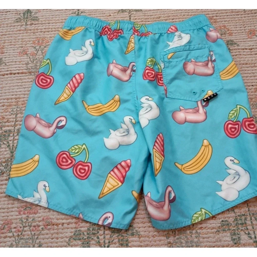 NEFF Pool Party Swim Trunks Large Flamingo Swan Cherry Banana Print